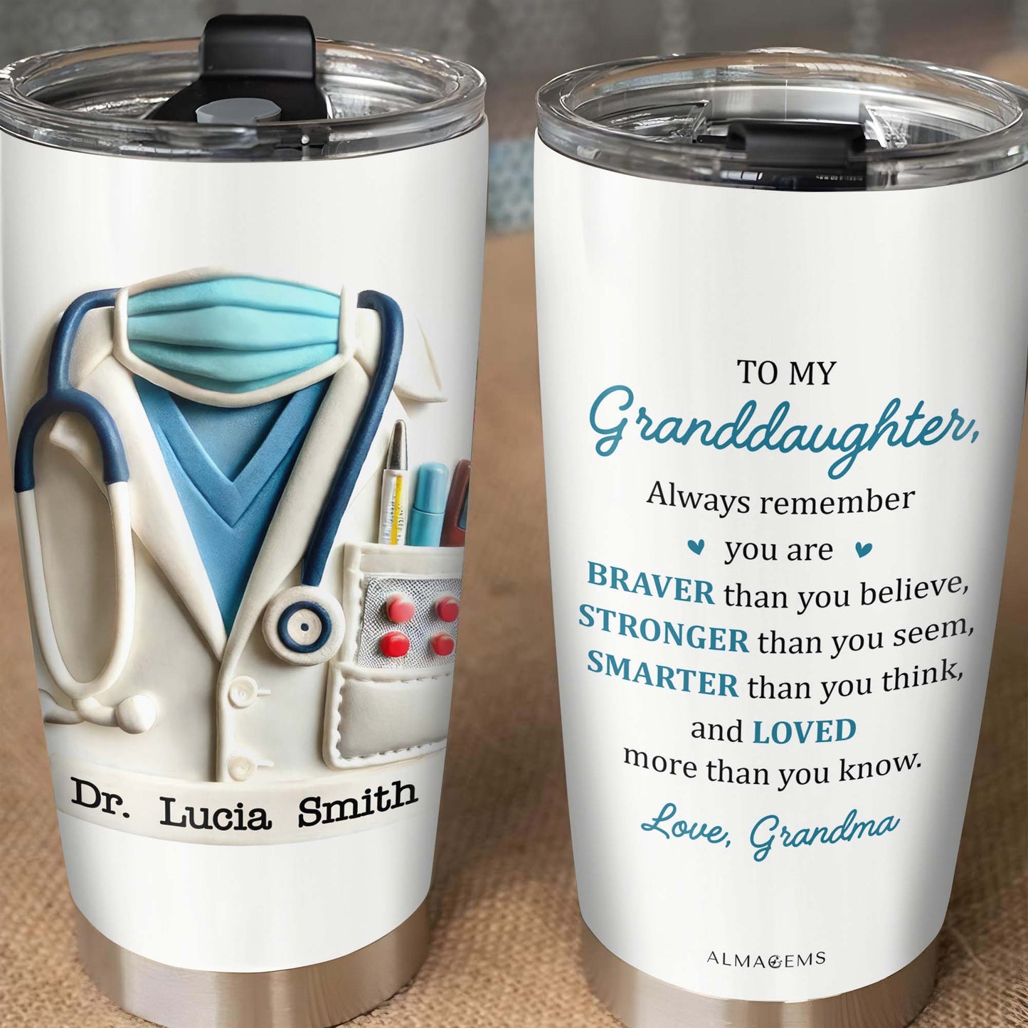 To My Granddaughter, Always remember you are BRAVER than you believe, Medical Scrubs and Stethoscope