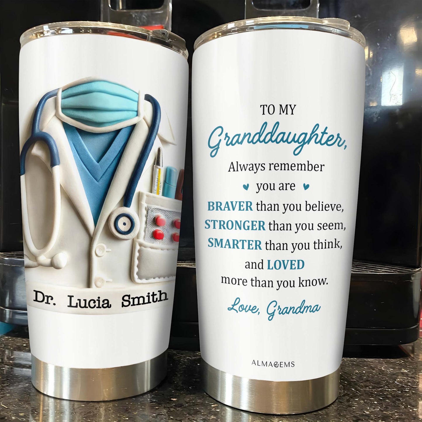 To My Granddaughter, Always remember you are BRAVER than you believe, Medical Scrubs and Stethoscope