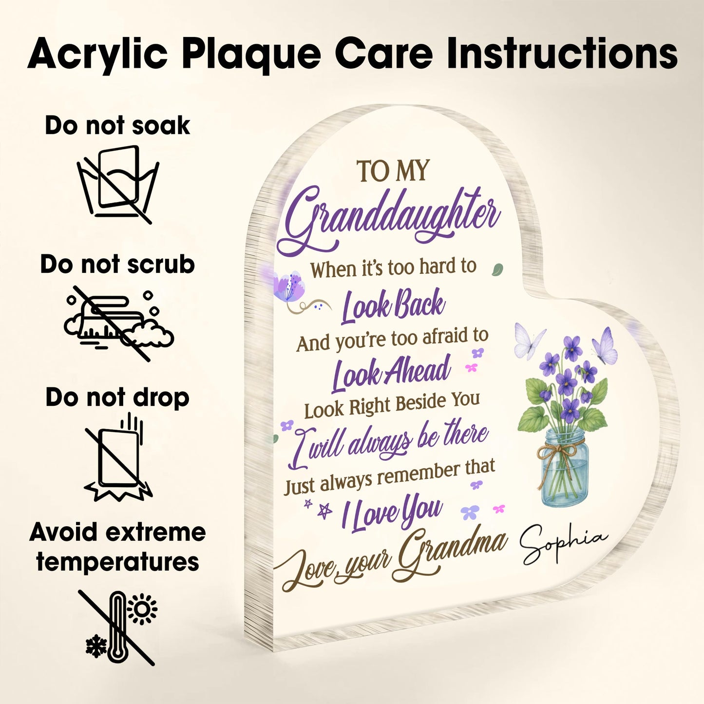 À ma petite-fille, fleurs et papillons dans un bocal – Plaque acrylique personnalisée en forme de cœur – GDT316_HAP