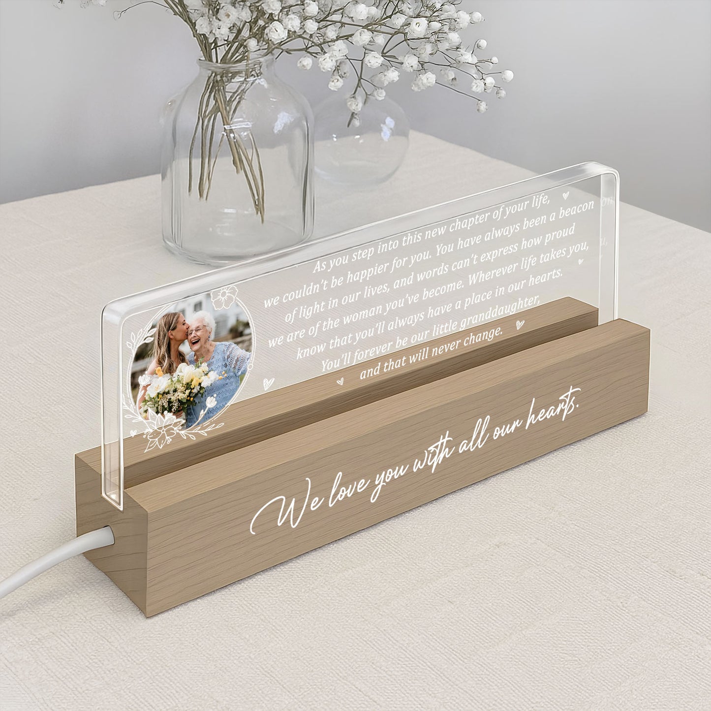 As You Step Into This New Chapter Of Your Life, Flowers And Hearts - Personalized LED Night Light With Wooden Base - GDT317_LEREC