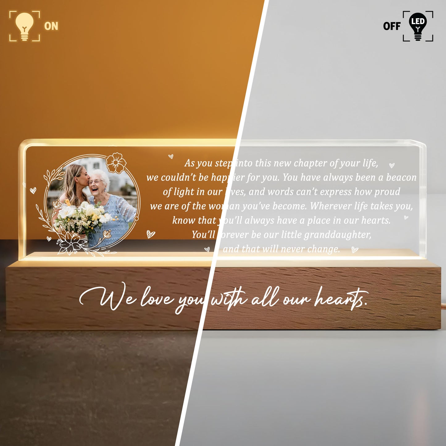 As You Step Into This New Chapter Of Your Life, Flowers And Hearts - Personalized LED Night Light With Wooden Base - GDT317_LEREC