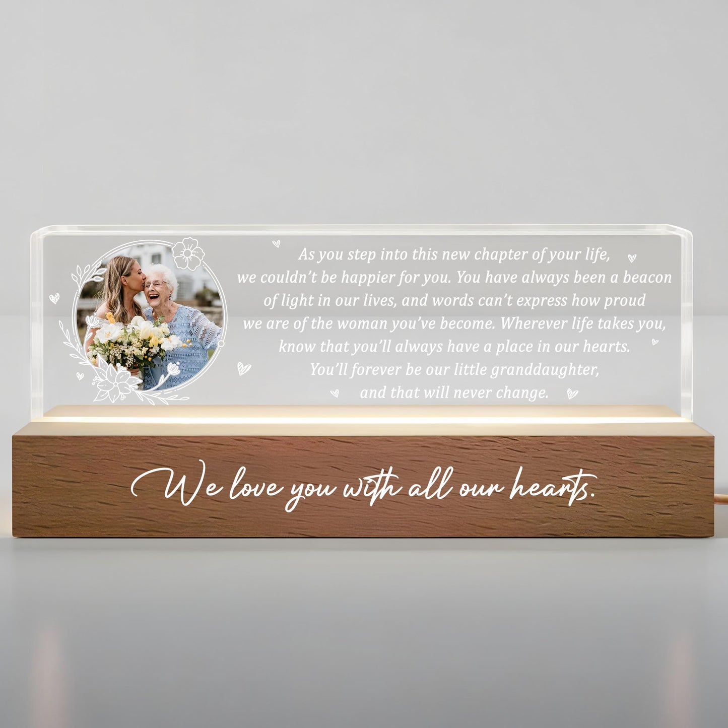 As You Step Into This New Chapter Of Your Life, Flowers And Hearts - Personalized LED Night Light With Wooden Base - GDT317_LEREC