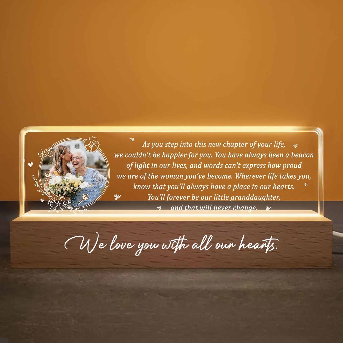 As You Step Into This New Chapter Of Your Life, Flowers And Hearts - Personalized LED Night Light With Wooden Base - GDT317_LEREC