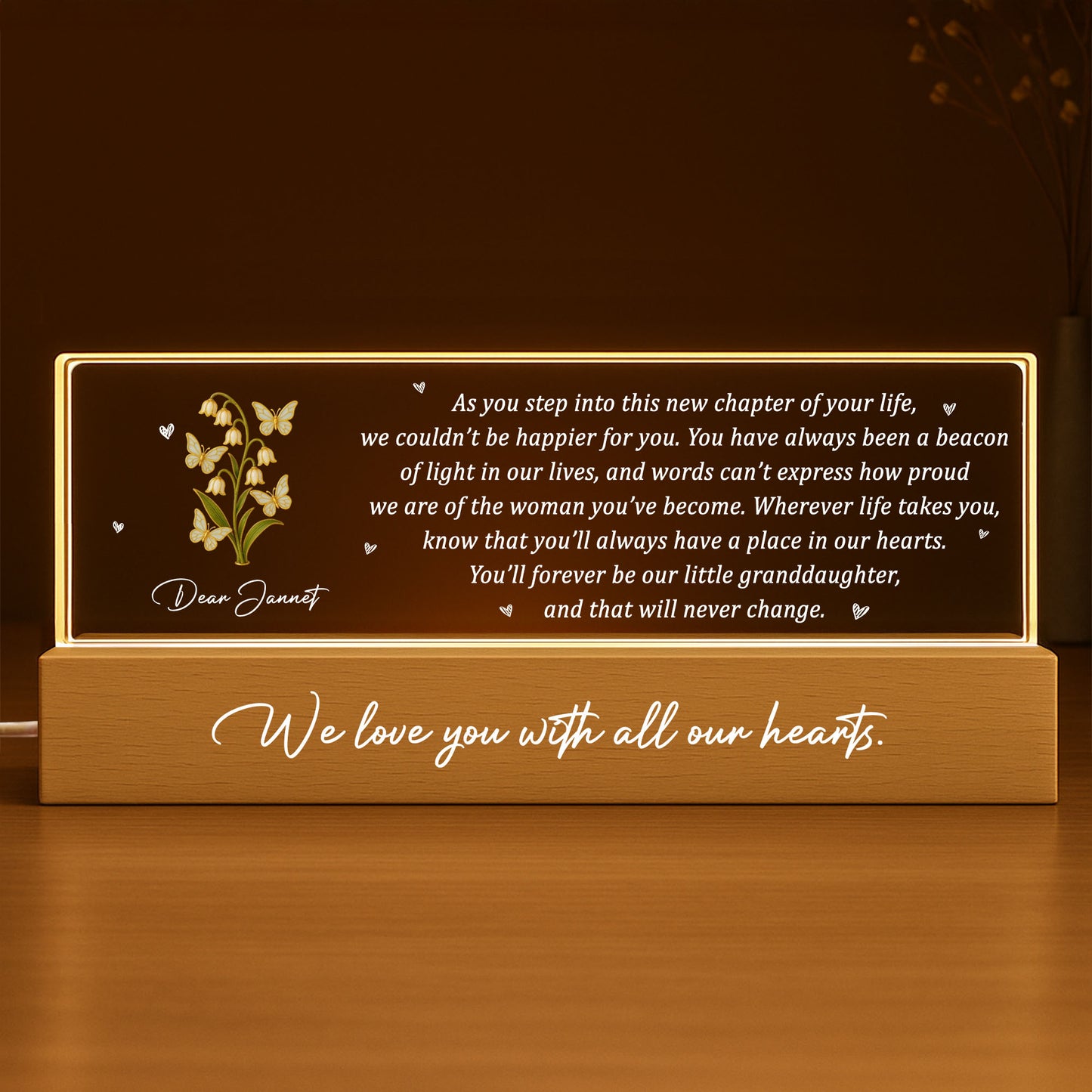 We Love You With All Our Hearts, Flowers and Hearts Design - Personalized LED Night Light With Wooden Base - GDT318_LEREC