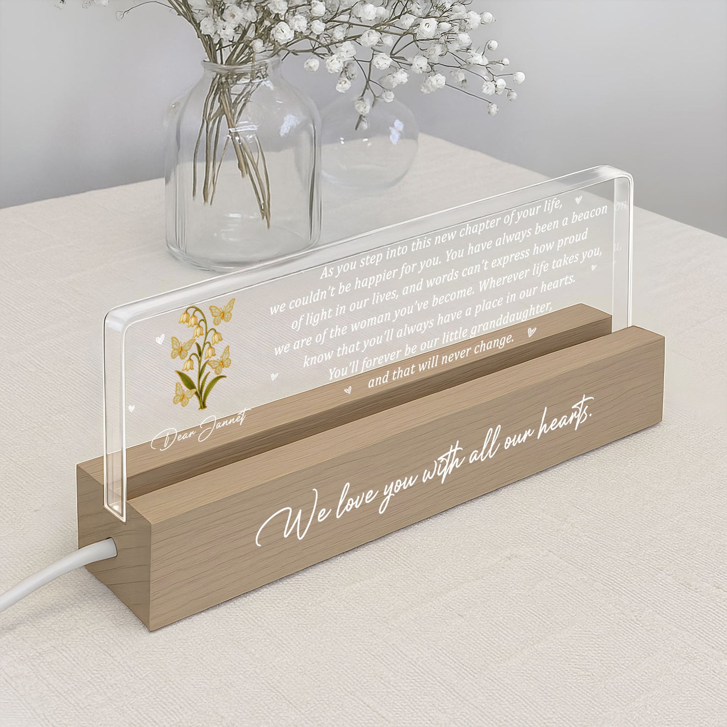 We Love You With All Our Hearts, Flowers and Hearts Design - Personalized LED Night Light With Wooden Base - GDT318_LEREC