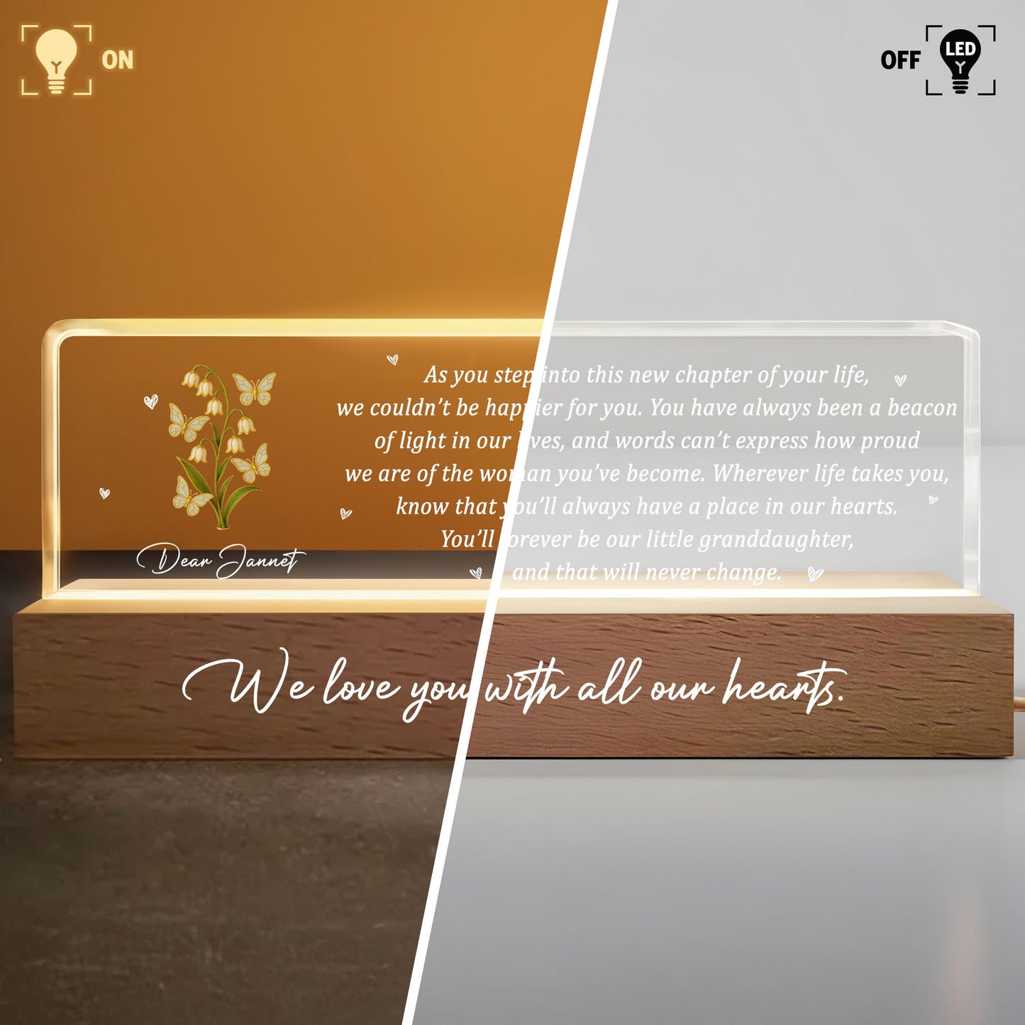 We Love You With All Our Hearts, Flowers and Hearts Design - Personalized LED Night Light With Wooden Base - GDT318_LEREC
