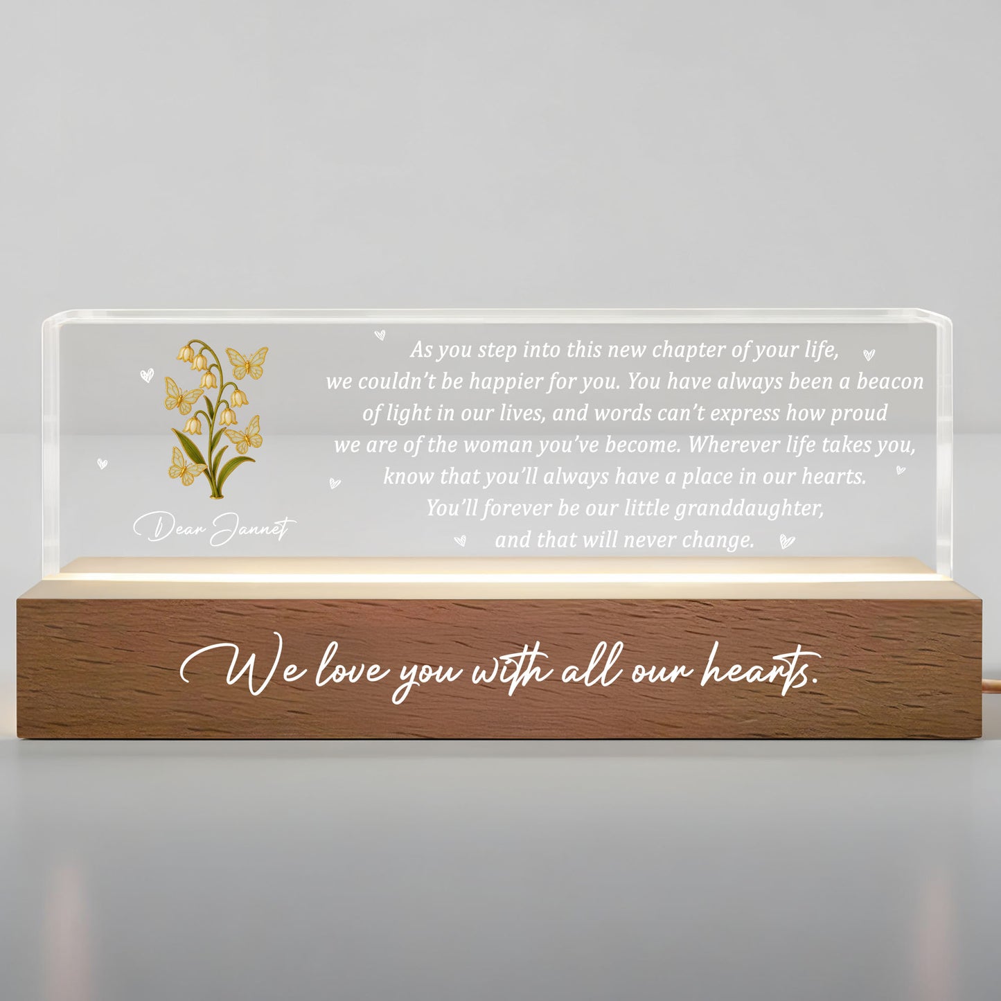 We Love You With All Our Hearts, Flowers and Hearts Design - Personalized LED Night Light With Wooden Base - GDT318_LEREC