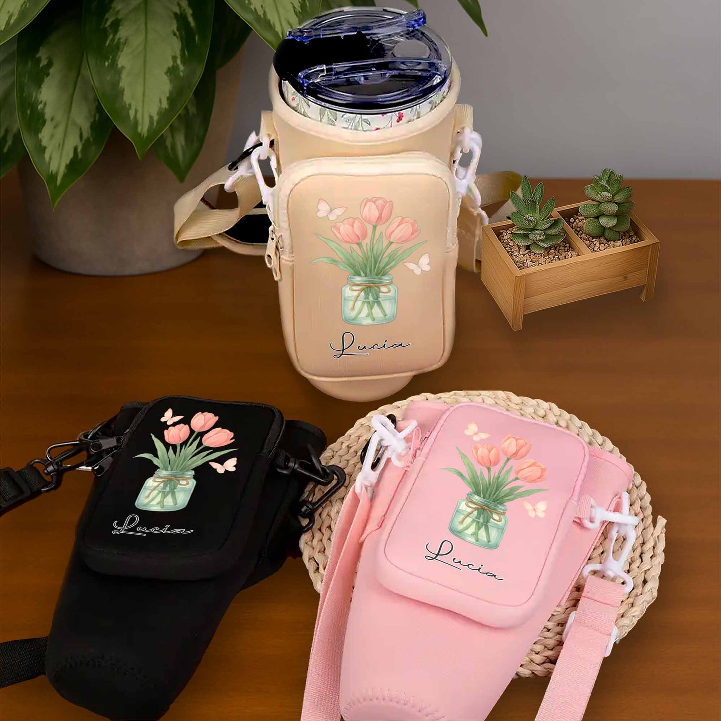 Flowers In A Mason Jar With Butterflies - Personalized Custom Water Bottle Carrier Bag - GDT325_BCB