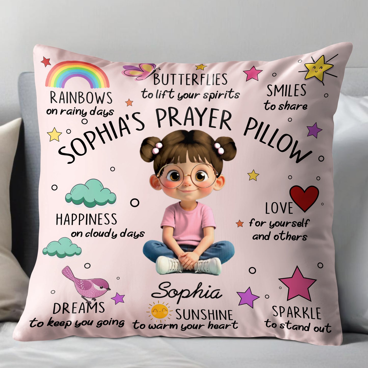 Rainbows, Butterflies and Smiles Prayer Pillow