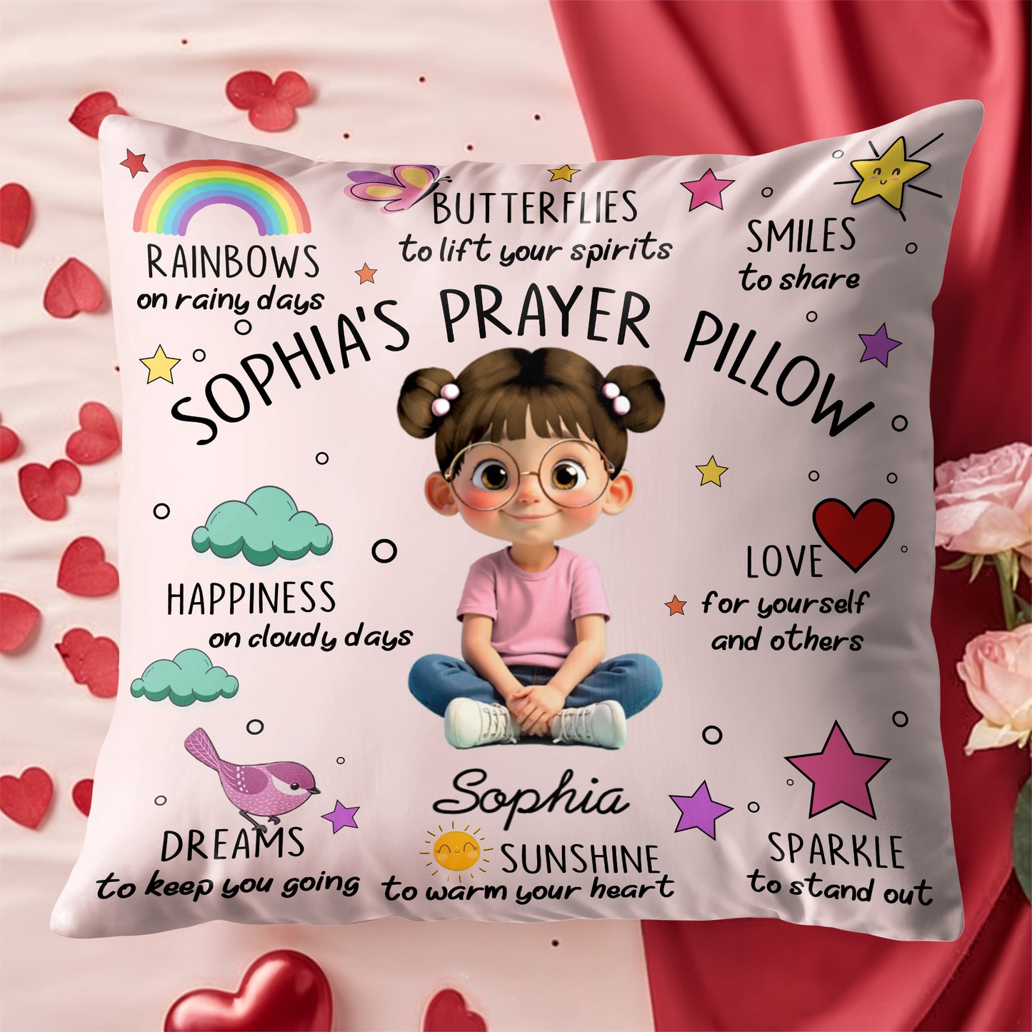Rainbows, Butterflies and Smiles Prayer Pillow