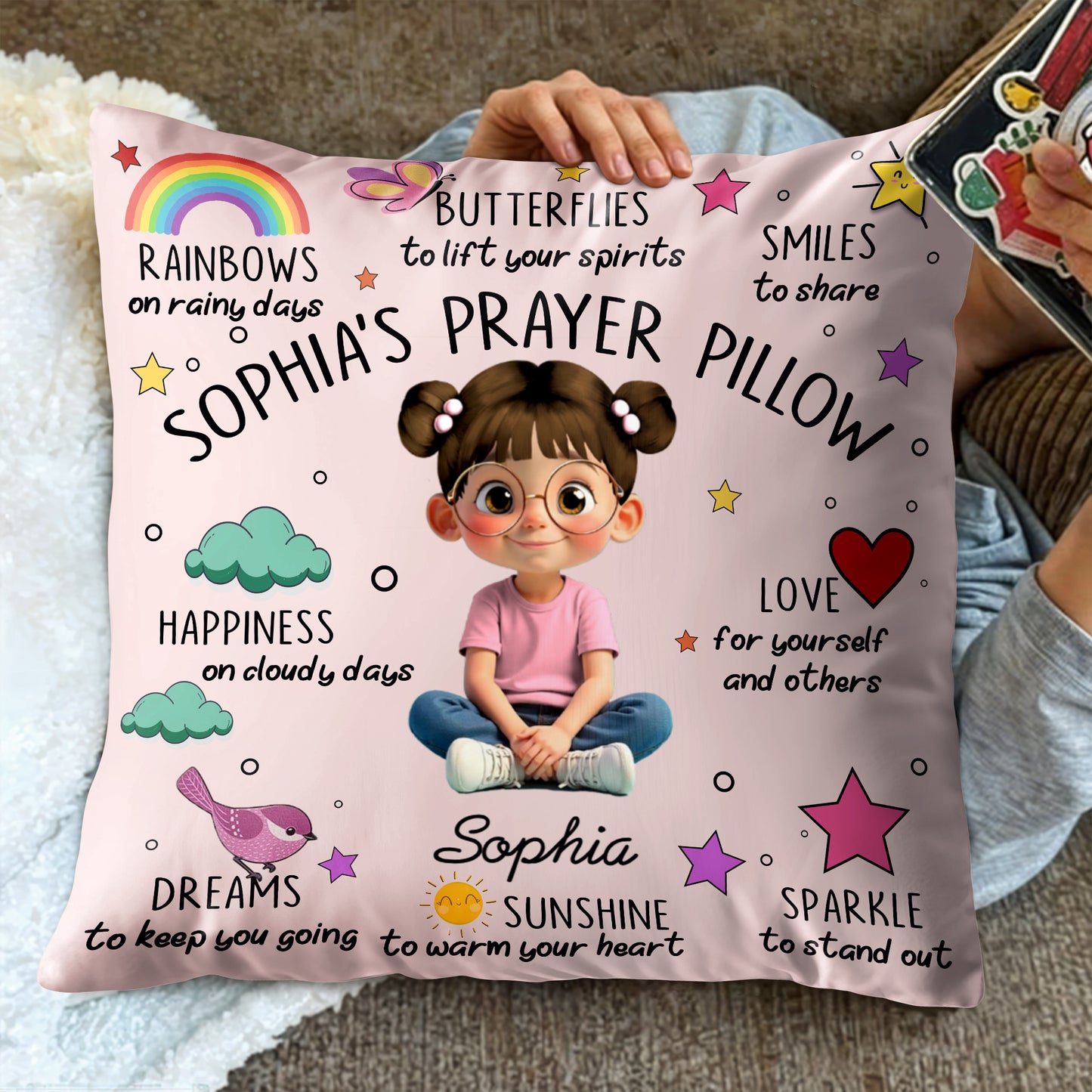 Rainbows, Butterflies and Smiles Prayer Pillow