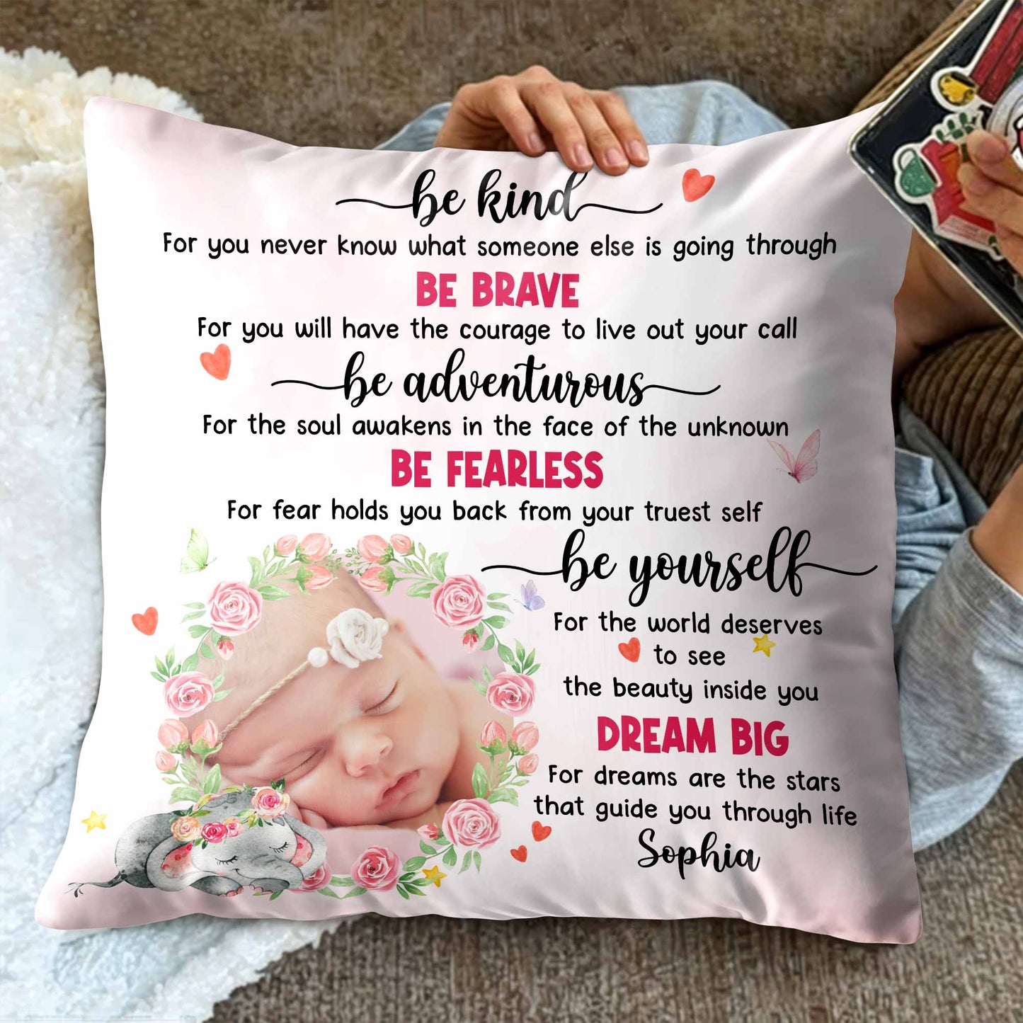 Be Kind Be Brave Dream Big Baby and Elephant Design