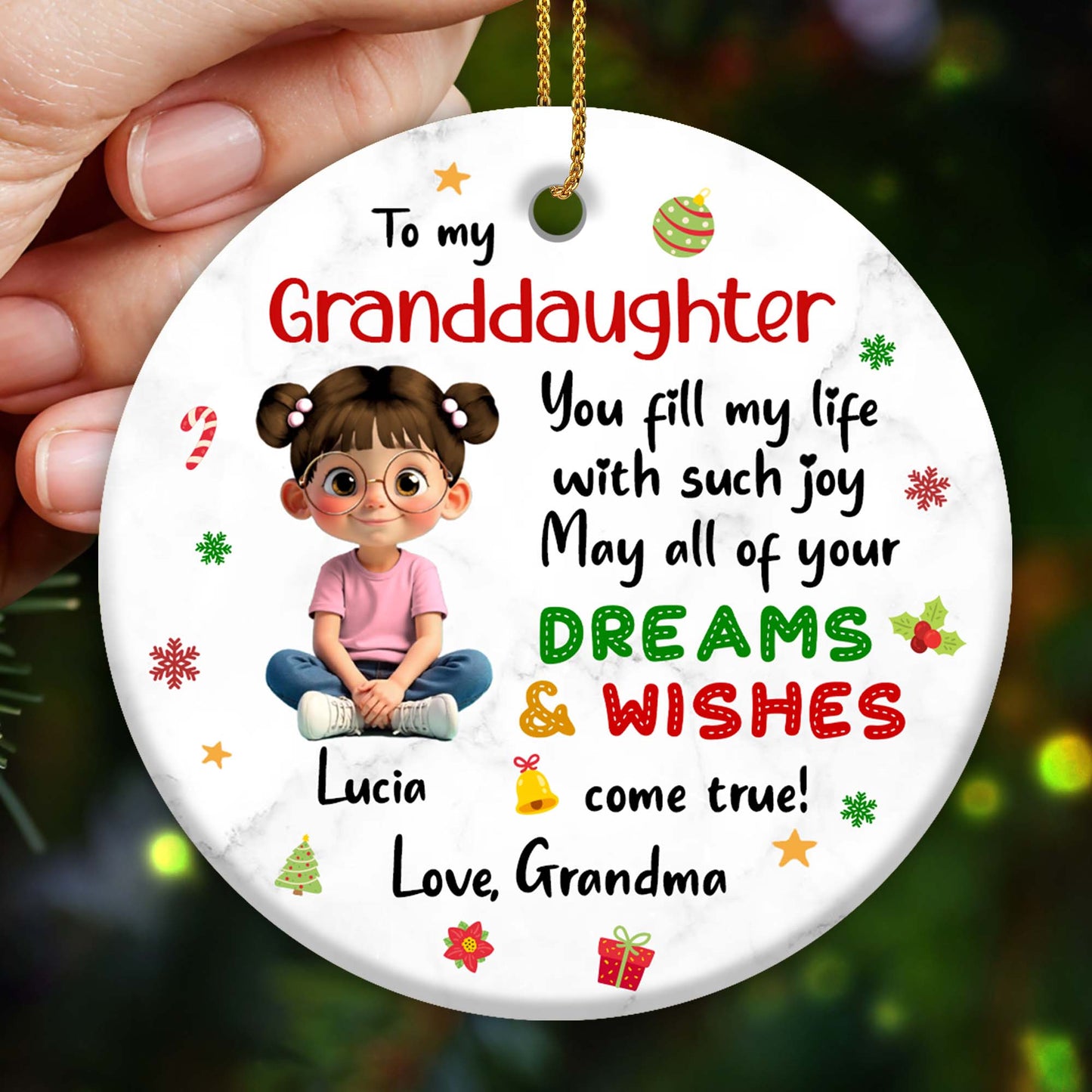To My Granddaughter, Dreams & Wishes, Little Girl Sitting Christmas Symbols
