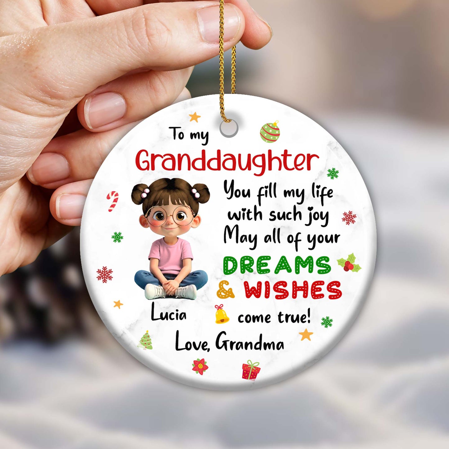To My Granddaughter, Dreams & Wishes, Little Girl Sitting Christmas Symbols