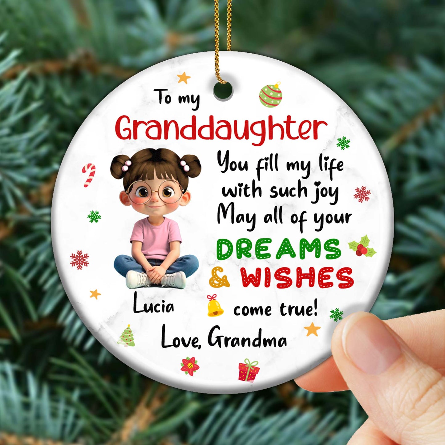 To My Granddaughter, Dreams & Wishes, Little Girl Sitting Christmas Symbols