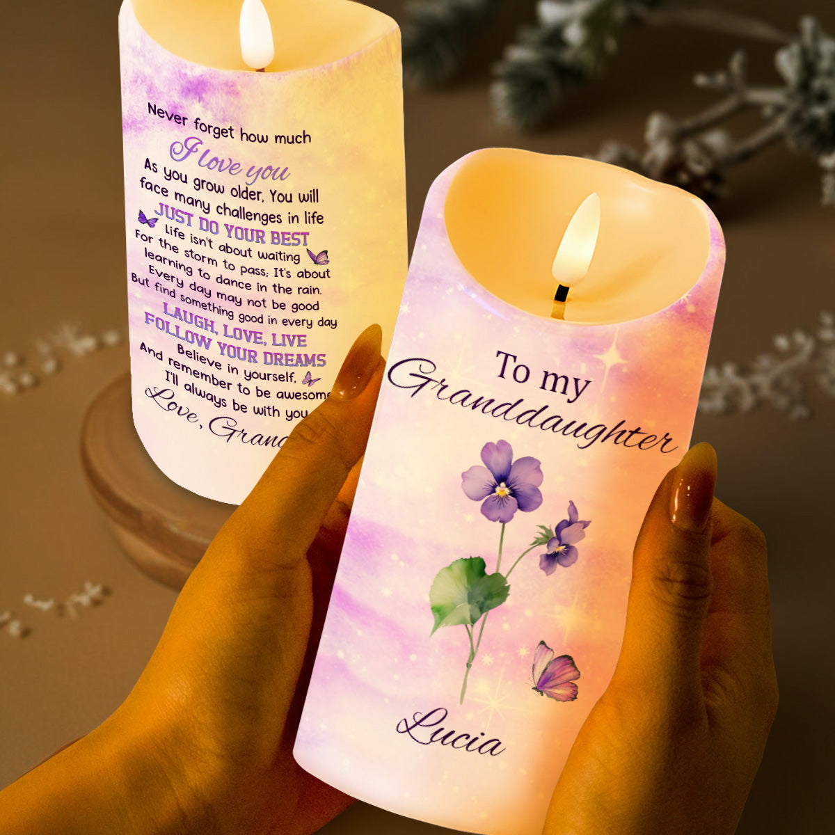 To My Granddaughter Follow Your Dreams With Flowers And Butterflies - Personalized Custom LED Candle - GDT362_LECA
