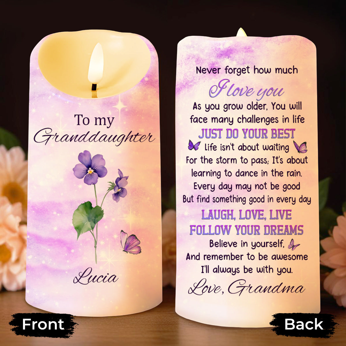 To My Granddaughter Follow Your Dreams With Flowers And Butterflies - Personalized Custom LED Candle - GDT362_LECA