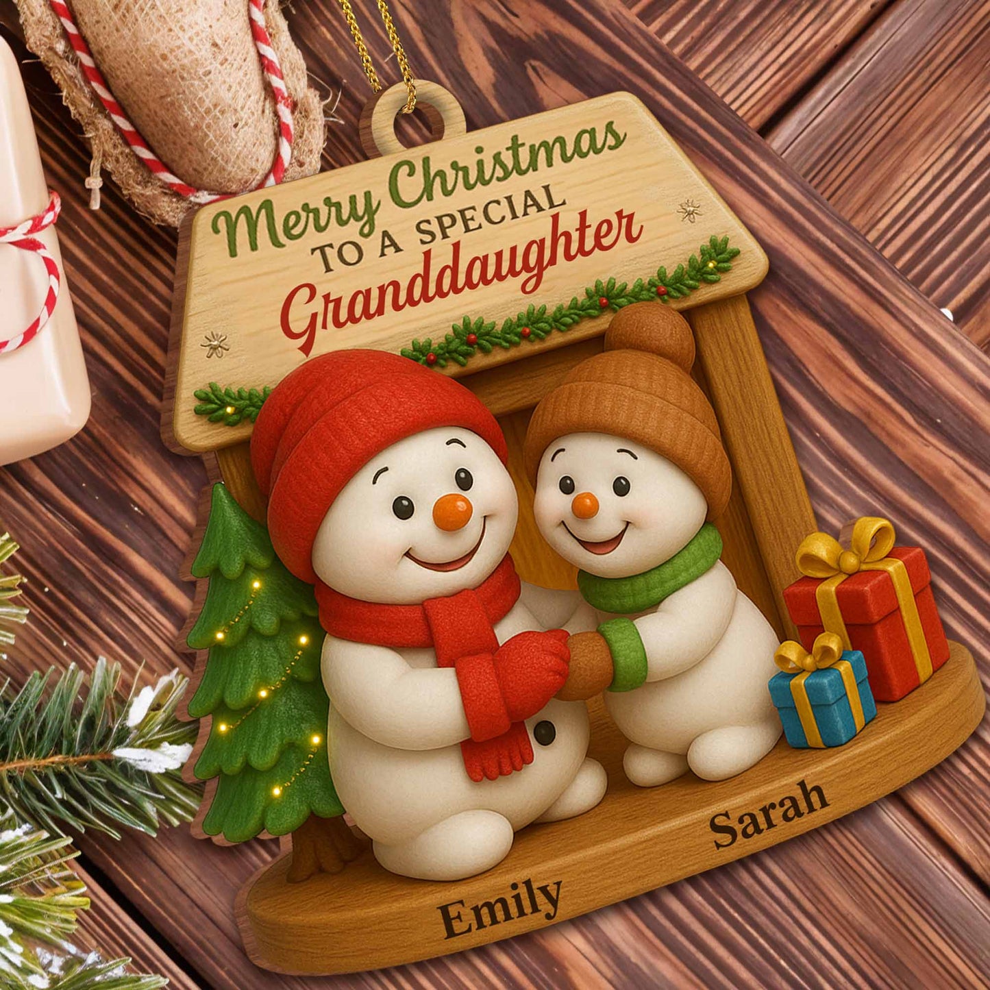 Merry Christmas To A Special, Snowmen And Christmas Tree - Personalized Custom Wood Ornament, Custom Shaped - GDT362_WDO