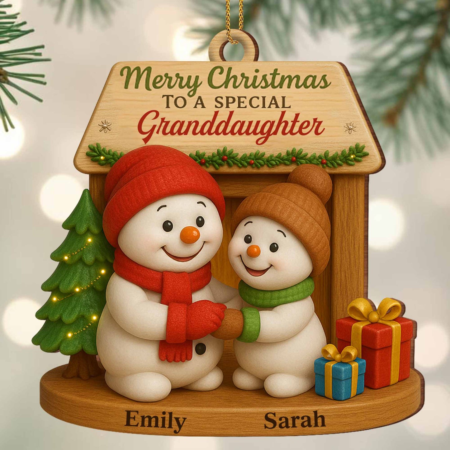 Merry Christmas To A Special, Snowmen And Christmas Tree - Personalized Custom Wood Ornament, Custom Shaped - GDT362_WDO