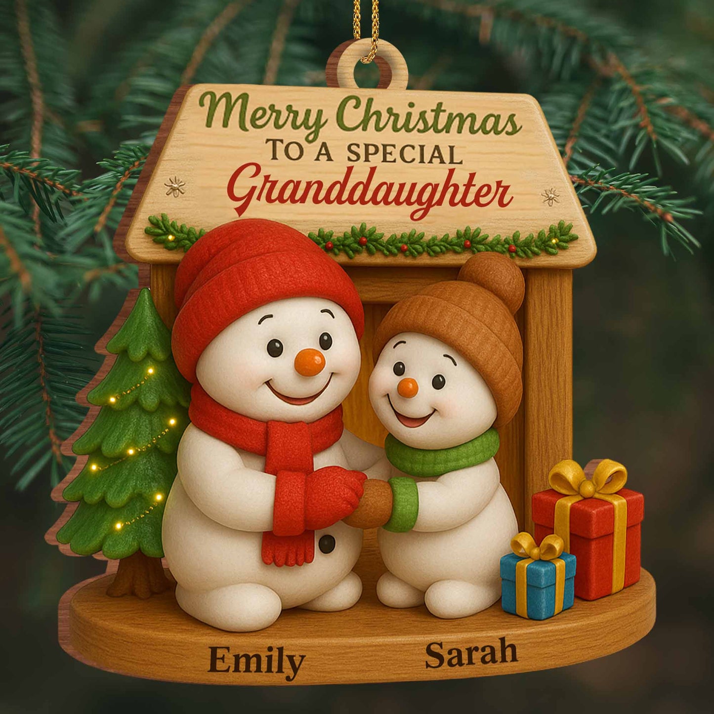 Merry Christmas To A Special, Snowmen And Christmas Tree - Personalized Custom Wood Ornament, Custom Shaped - GDT362_WDO