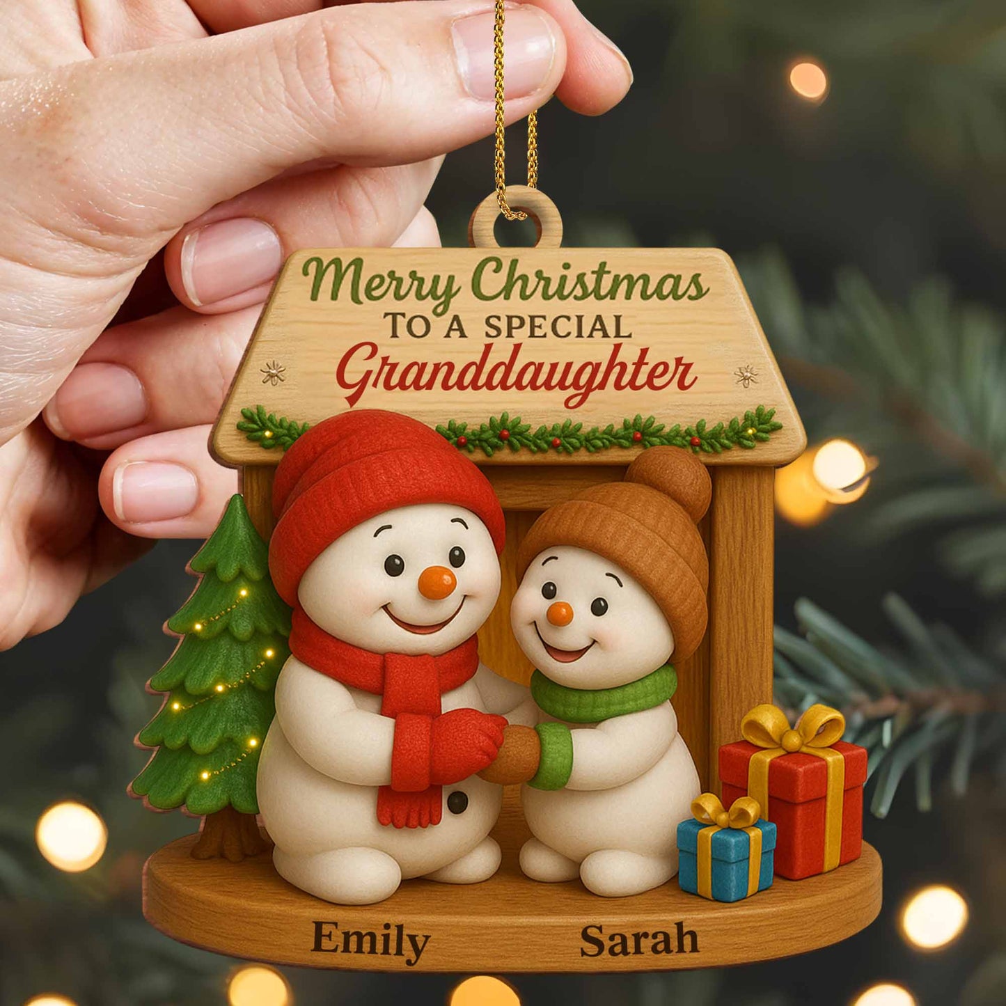 Merry Christmas To A Special, Snowmen And Christmas Tree - Personalized Custom Wood Ornament, Custom Shaped - GDT362_WDO