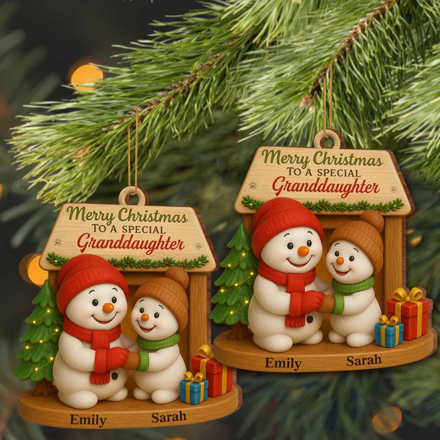 Merry Christmas To A Special, Snowmen And Christmas Tree - Personalized Custom Wood Ornament, Custom Shaped - GDT362_WDO