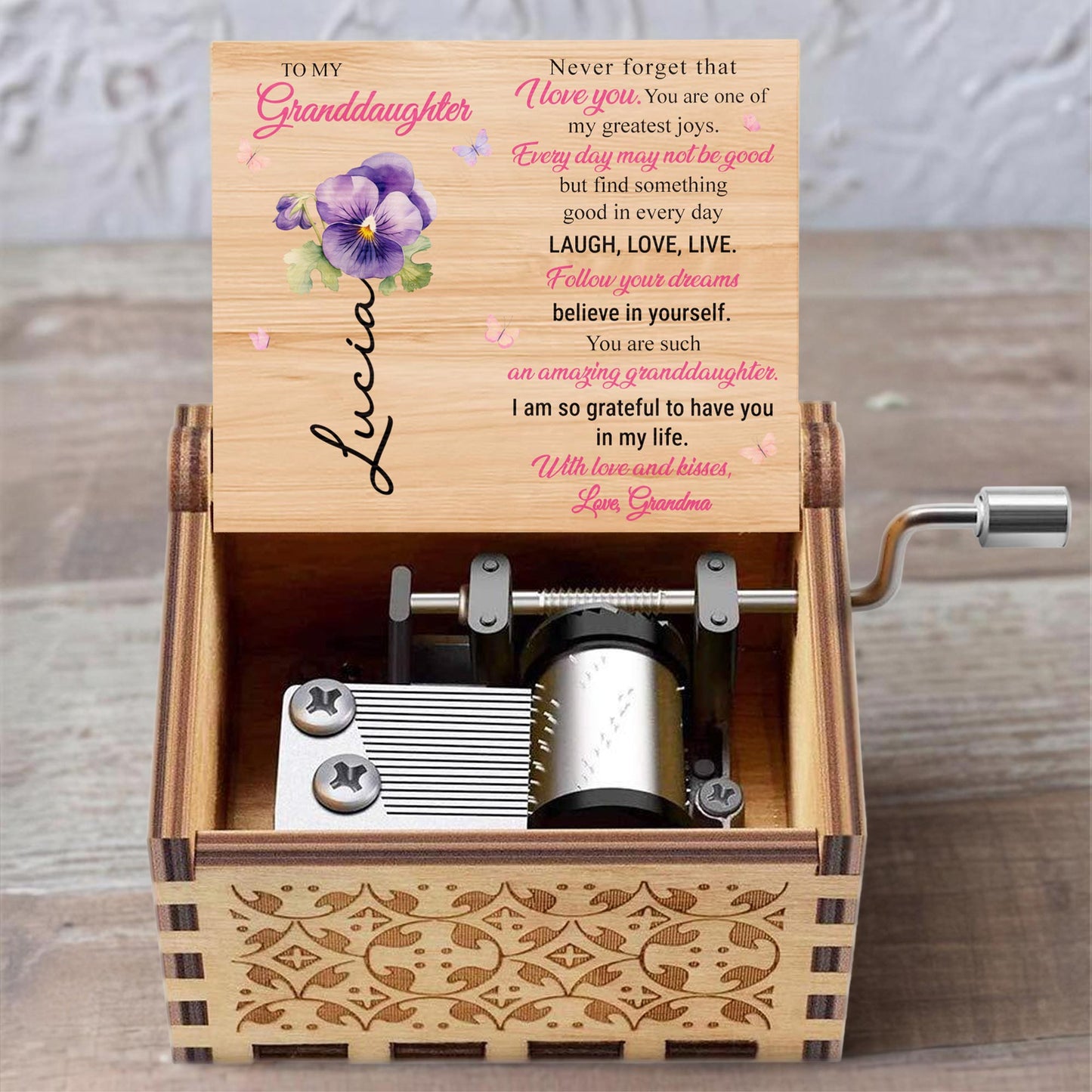 To My Granddaughter, Believe In Yourself, Flowers And Butterflies - Custom Music Box With "You Are My Sunshine" Tune - GDT366_MZB