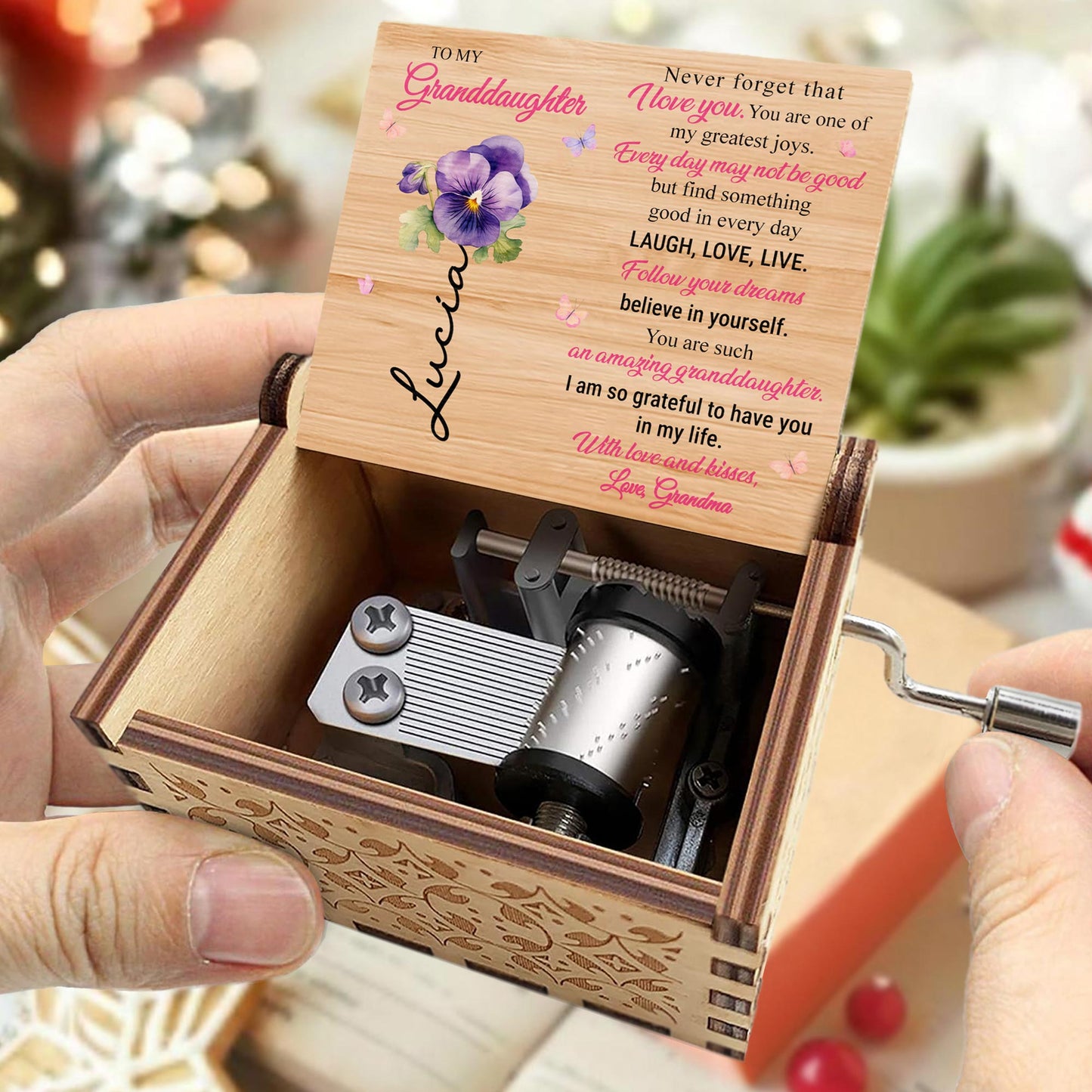To My Granddaughter, Believe In Yourself, Flowers And Butterflies - Custom Music Box With "You Are My Sunshine" Tune - GDT366_MZB