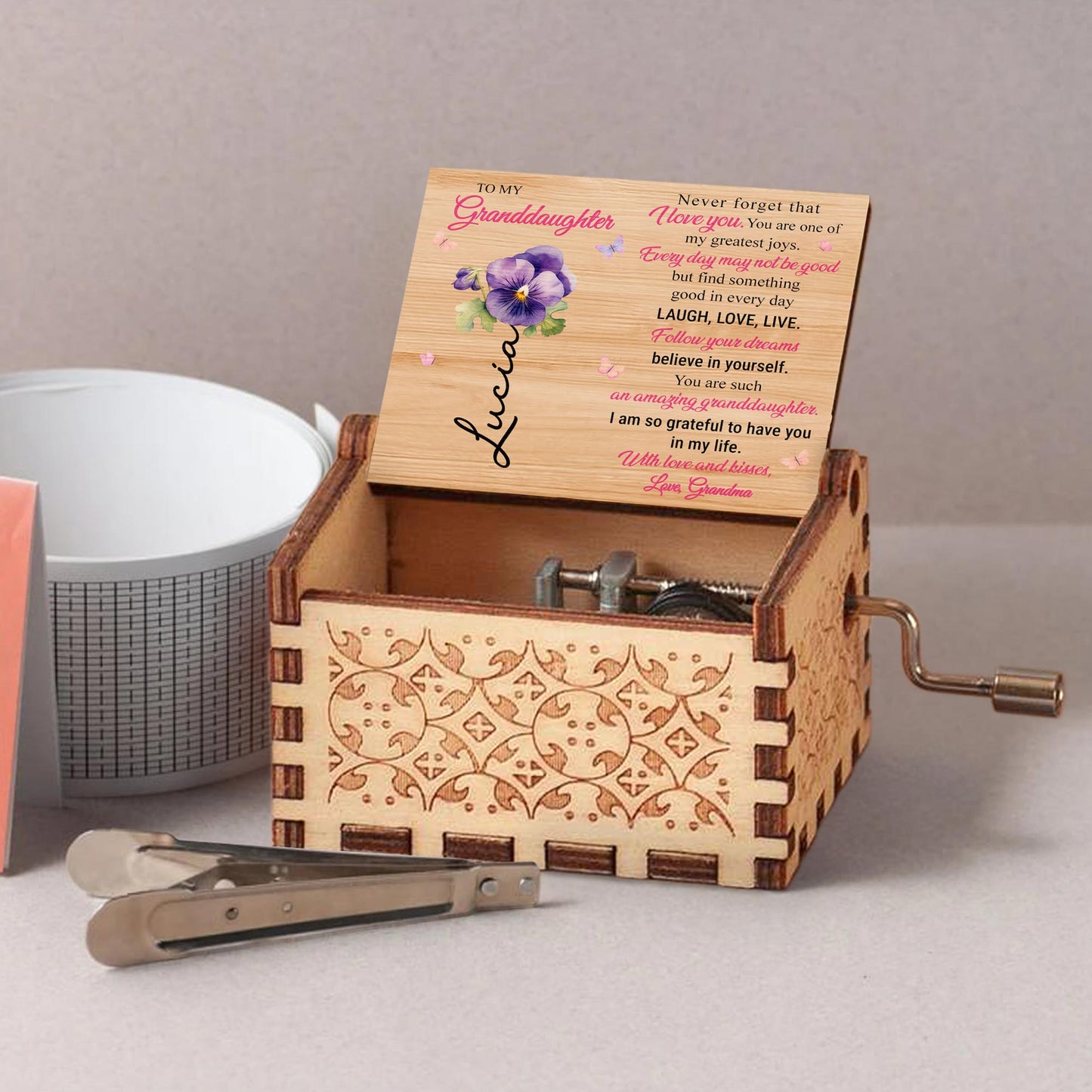 To My Granddaughter, Believe In Yourself, Flowers And Butterflies - Custom Music Box With "You Are My Sunshine" Tune - GDT366_MZB