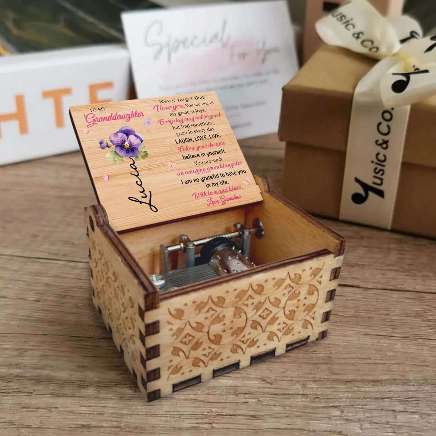 To My Granddaughter, Believe In Yourself, Flowers And Butterflies - Custom Music Box With "You Are My Sunshine" Tune - GDT366_MZB