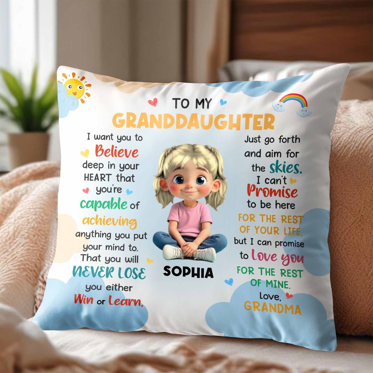 À ma petite-fille, crois en ton cœur, fille avec des cœurs et un arc-en-ciel - Coussin personnalisé, insert inclus - GDT370_PLW