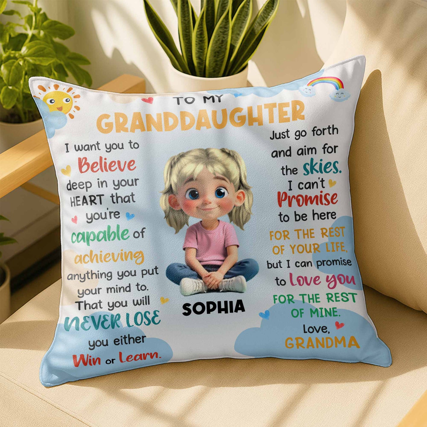 To My Granddaughter, Believe In Your Heart, Girl With Hearts And Rainbow - Personalized Custom Pillow, Insert Included - GDT370_PLW