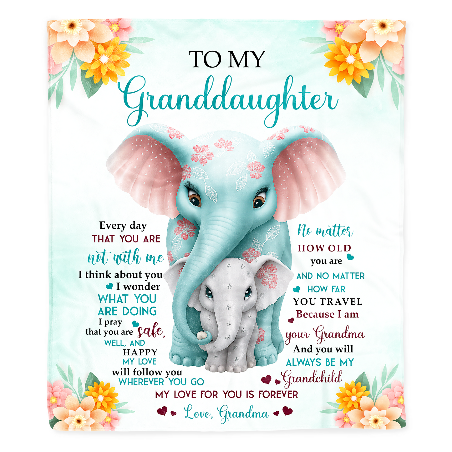 To My Granddaughter, Love From Grandma, Elephant And Flowers Design - Personalized Custom Blanket - GDT371_BLK