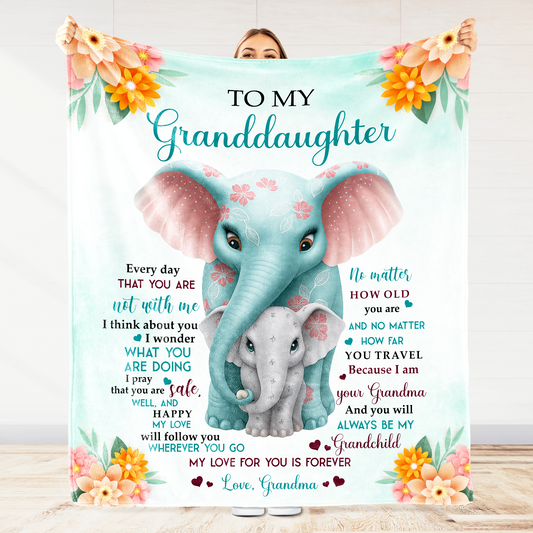 To My Granddaughter, Love From Grandma, Elephant And Flowers Design - Personalized Custom Blanket - GDT371_BLK