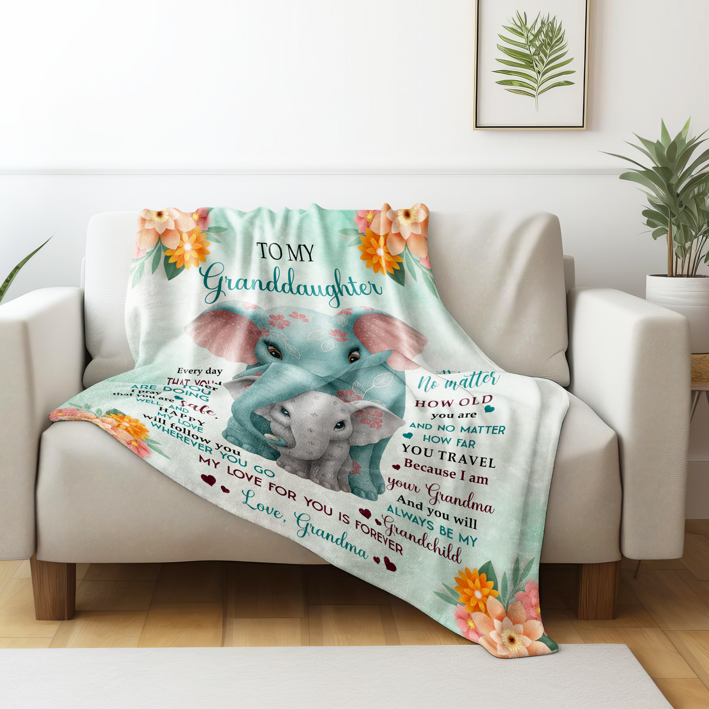 To My Granddaughter, Love From Grandma, Elephant And Flowers Design - Personalized Custom Blanket - GDT371_BLK