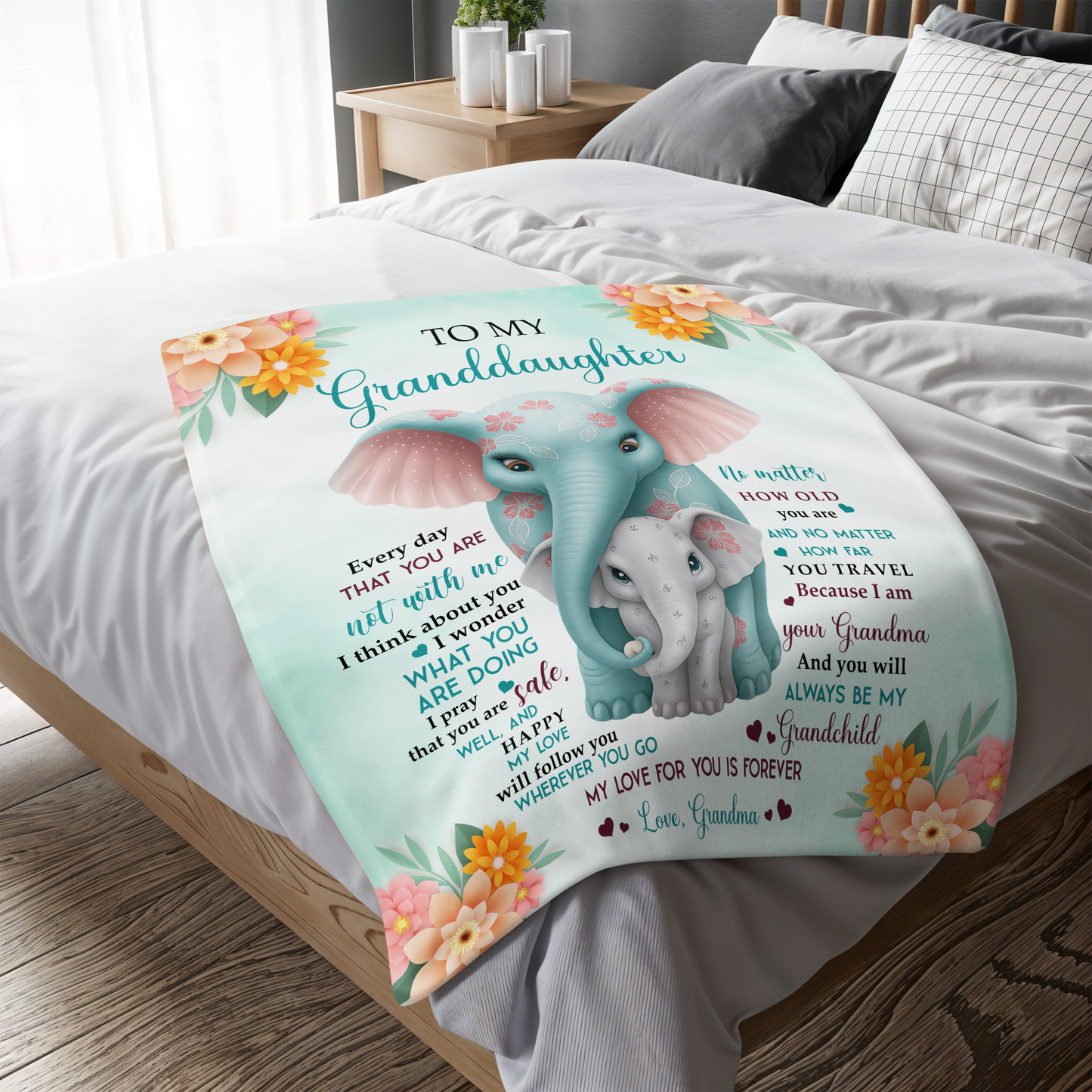 To My Granddaughter, Love From Grandma, Elephant And Flowers Design - Personalized Custom Blanket - GDT371_BLK