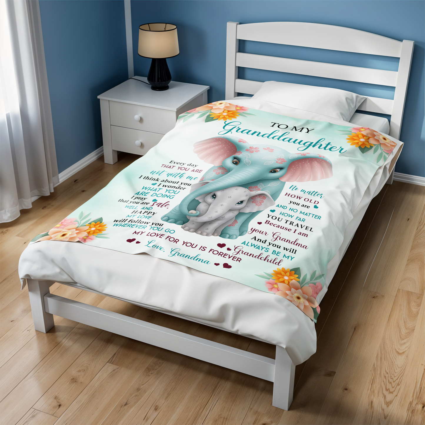 To My Granddaughter, Love From Grandma, Elephant And Flowers Design - Personalized Custom Blanket - GDT371_BLK