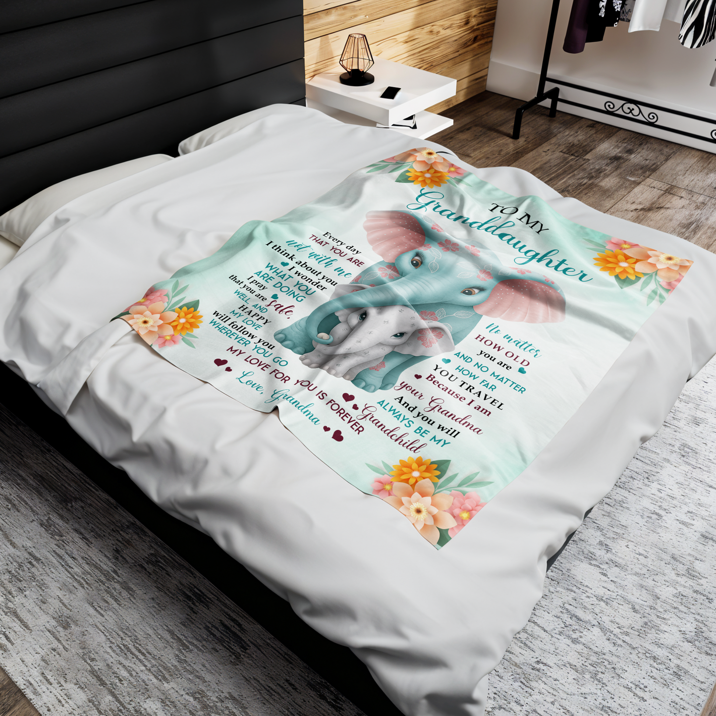 To My Granddaughter, Love From Grandma, Elephant And Flowers Design - Personalized Custom Blanket - GDT371_BLK