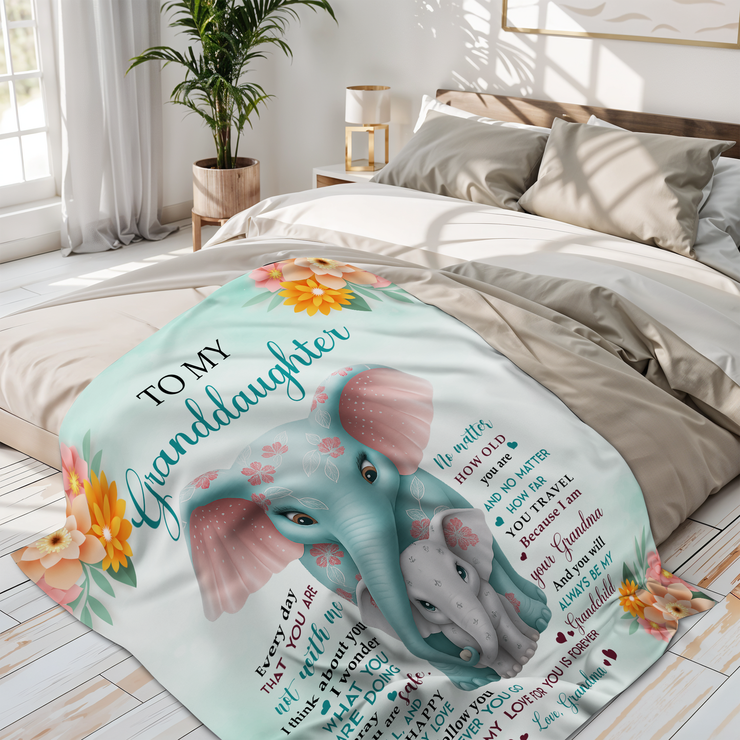 To My Granddaughter, Love From Grandma, Elephant And Flowers Design - Personalized Custom Blanket - GDT371_BLK