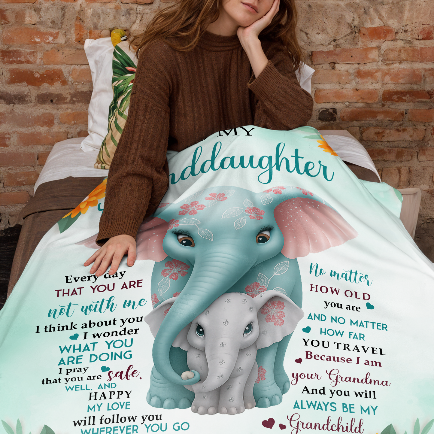 To My Granddaughter, Love From Grandma, Elephant And Flowers Design - Personalized Custom Blanket - GDT371_BLK