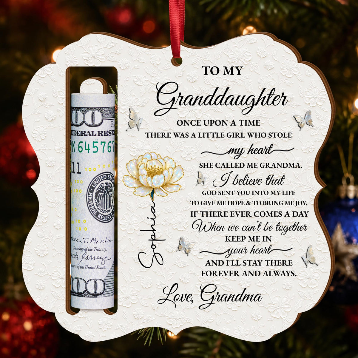 To My Granddaughter Once Upon A Time Flower And Butterflies - Personalized Wooden Money Holder Ornament - GDT389_WMOHO