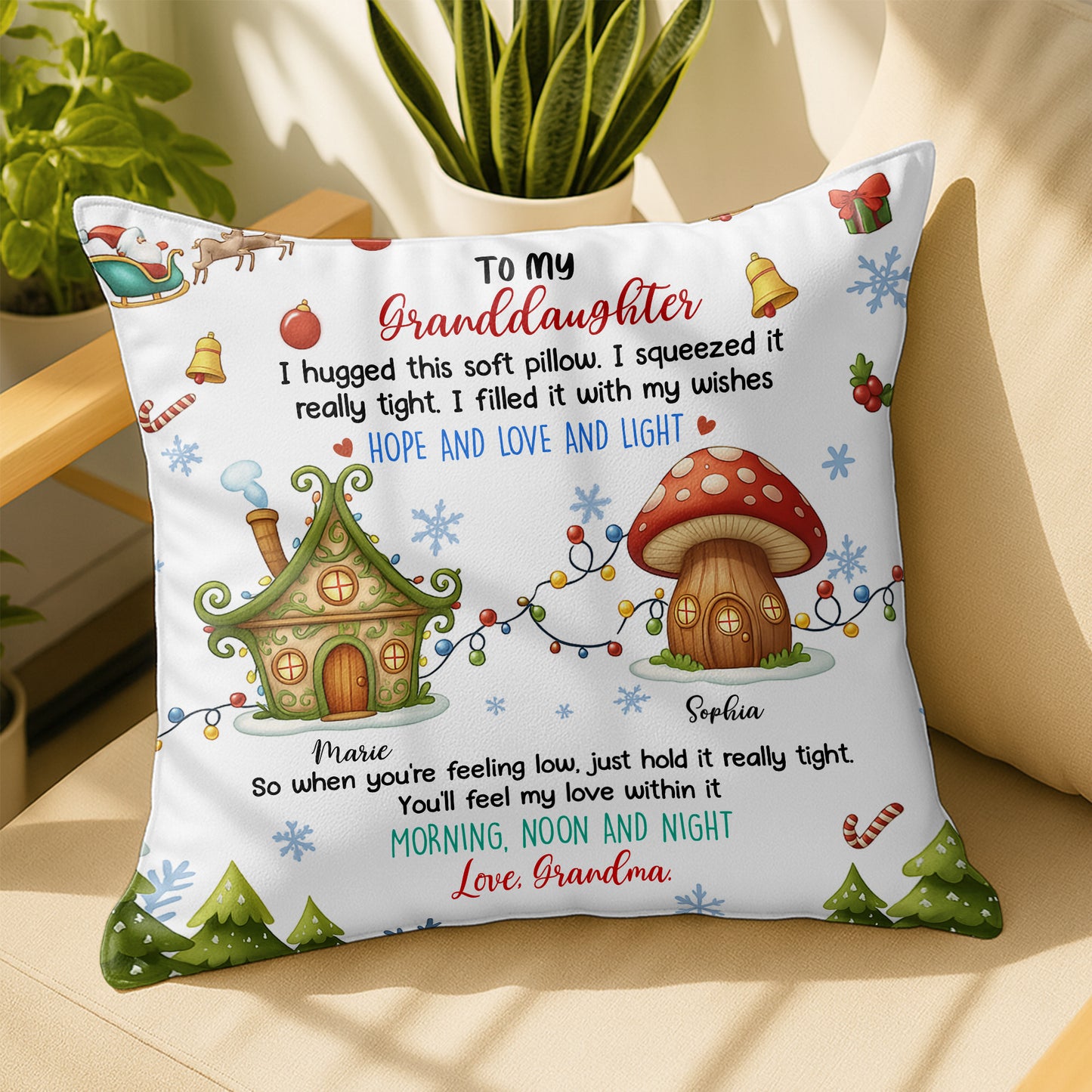 I Hugged This Soft Pillow With Christmas Lights and Gifts