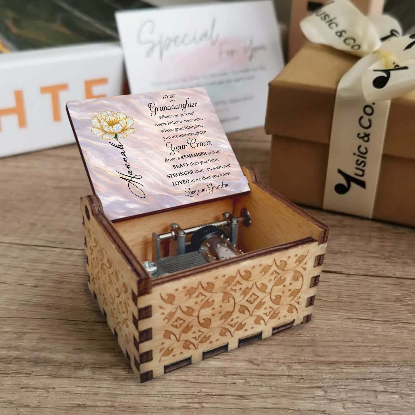To My Granddaughter, Always Remember Your Crown And Flower - Custom Music Box With "You Are My Sunshine" Tune - GDT593_MZB