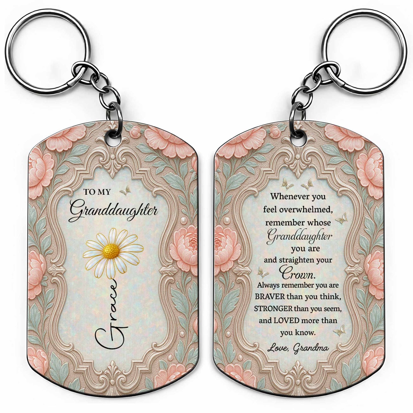 To My Granddaughter Straighten Your Crown Birth Month Flower Vintage Design - Personalized Stainless Steel Keychain - GDT769_KCX
