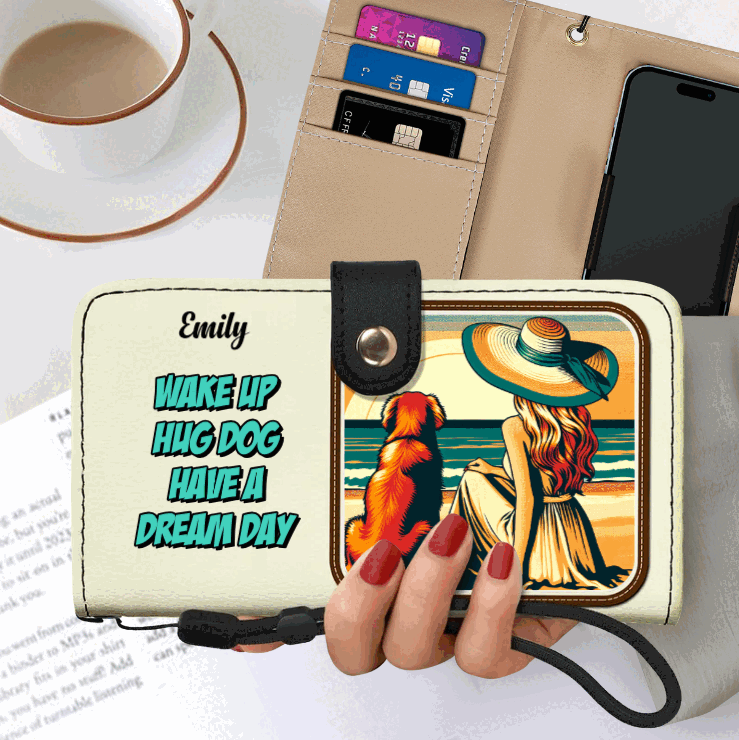 Arte y texto personalizados especiales para mascotas: billetera de cuero para teléfono personalizada - QCUSTOM06PW