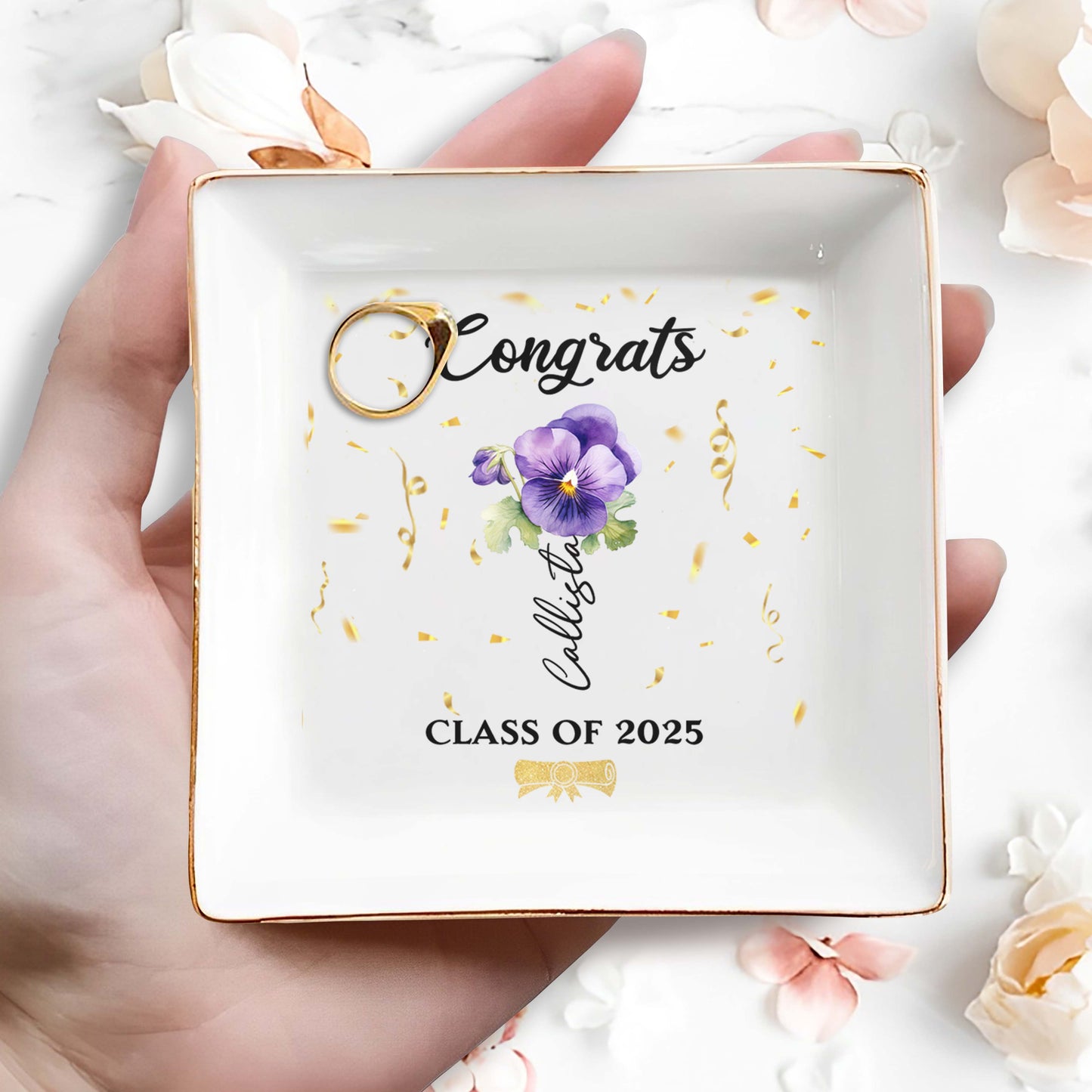 Congrats Personalized Pansy Flower Design Jewelry Dish