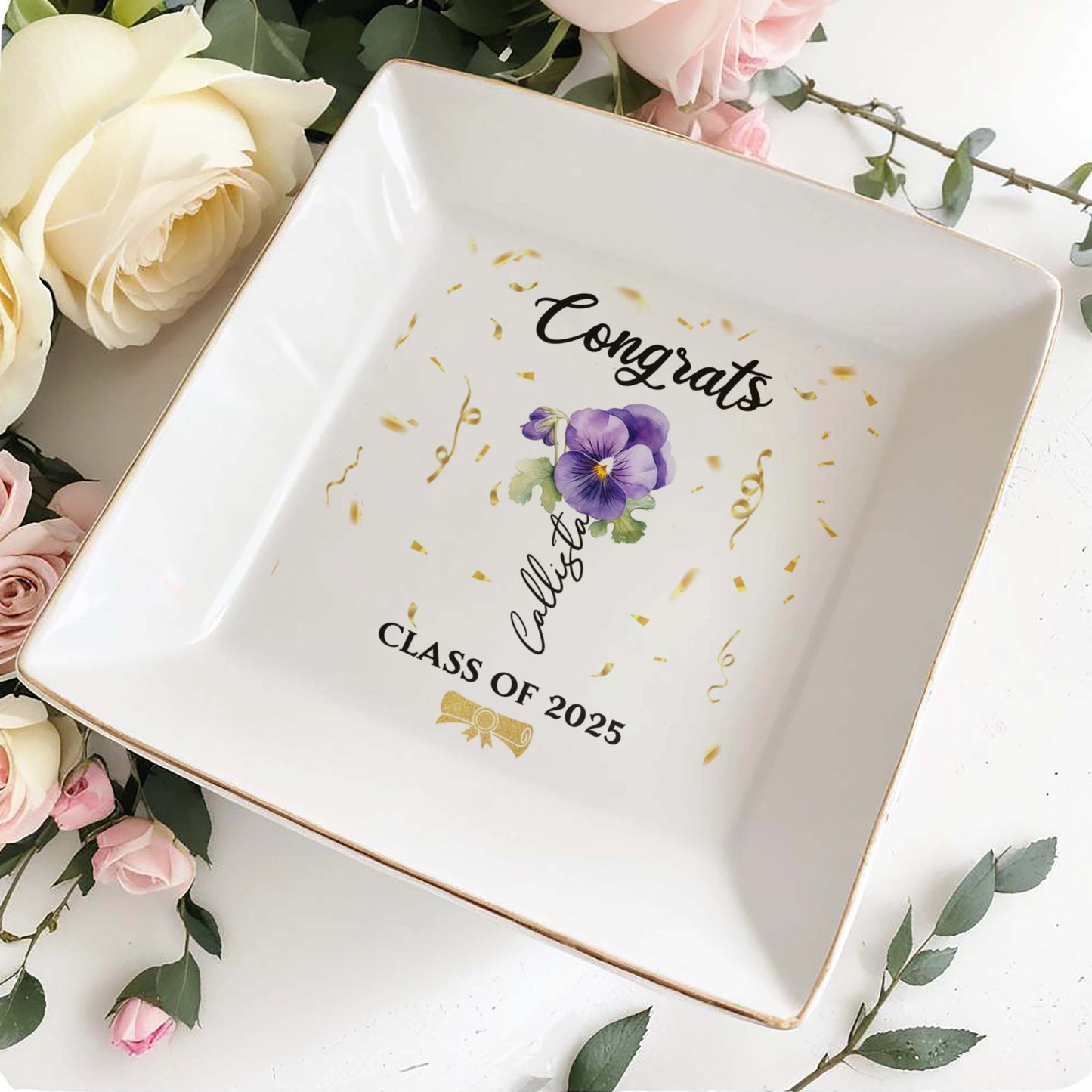 Congrats Personalized Pansy Flower Design Jewelry Dish