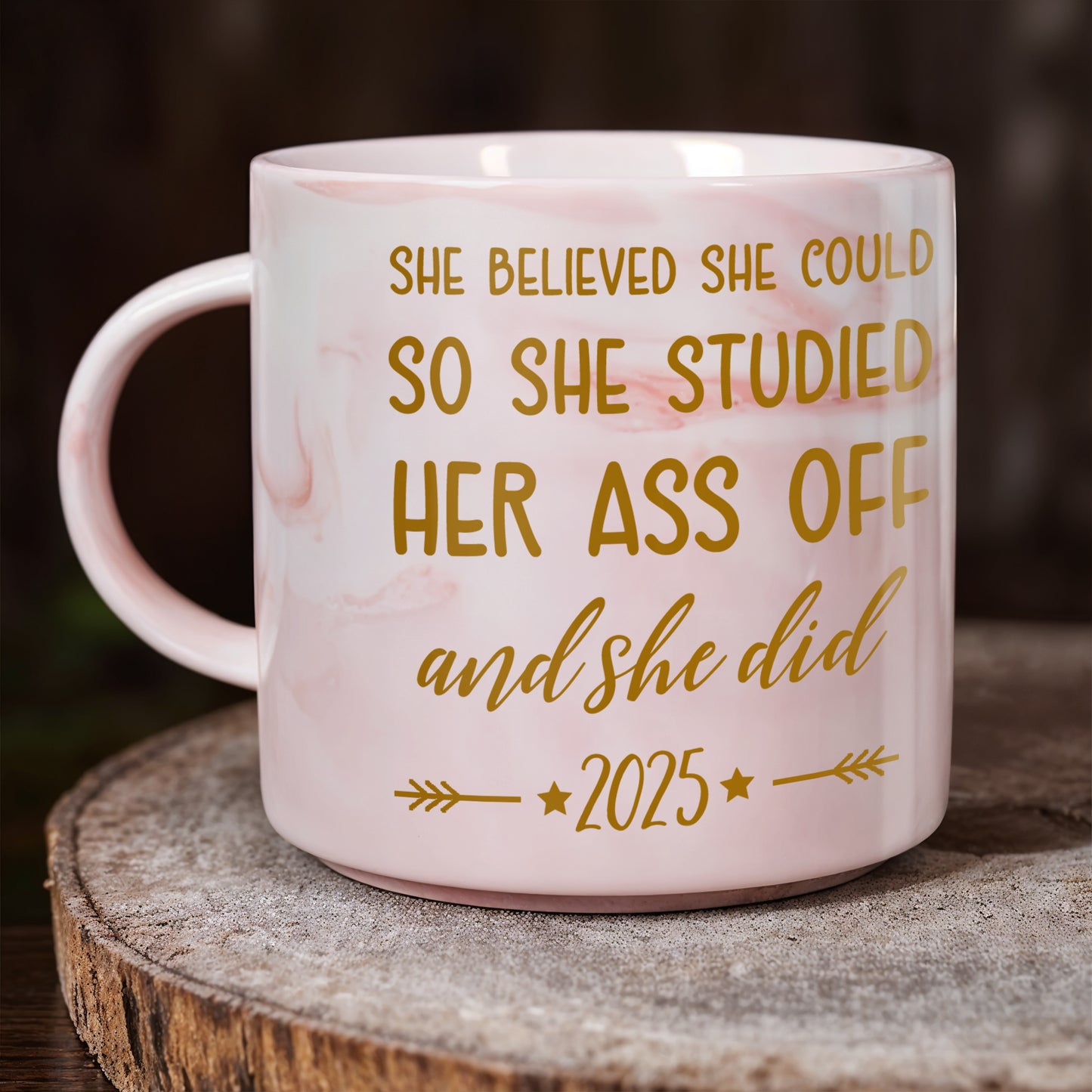 She Believed She Could and She Did Motivational Flowers Design - Personalized Custom Pink Marble Mug - GRAD004_PMAM