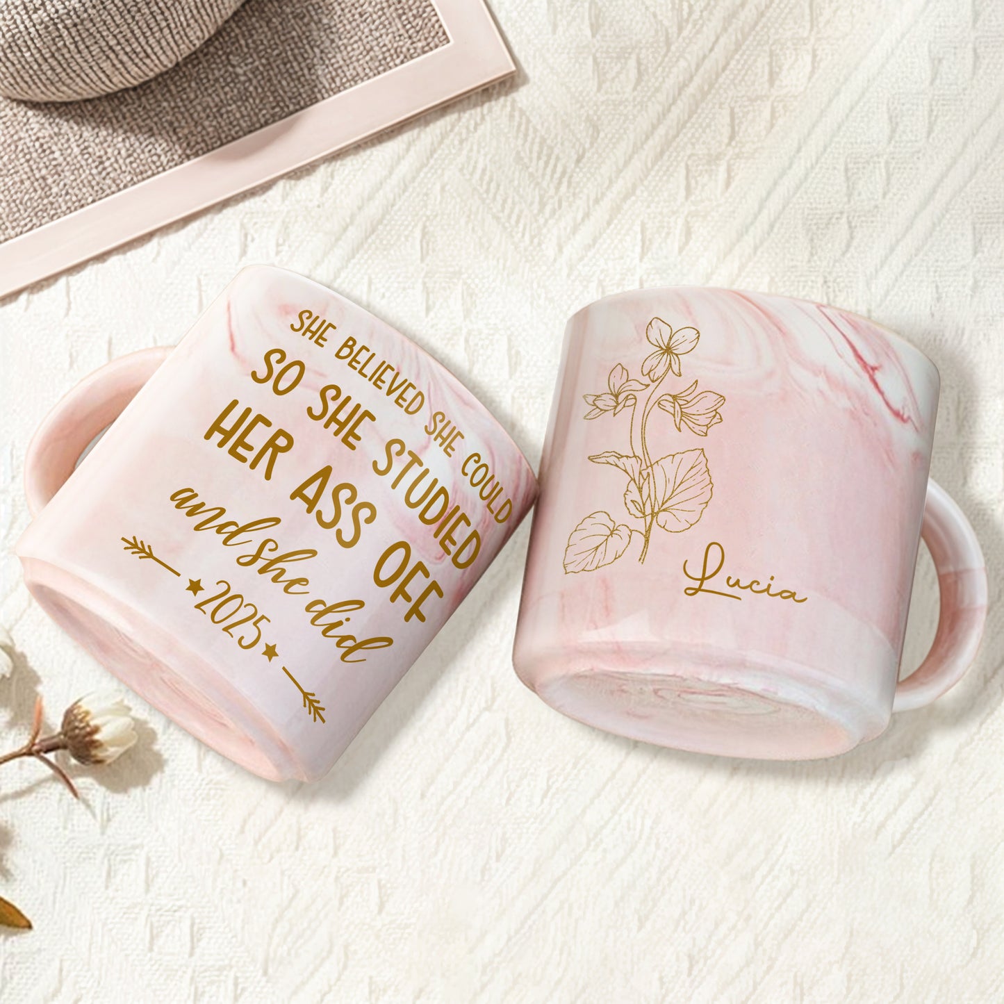 She Believed She Could and She Did Motivational Flowers Design - Personalized Custom Pink Marble Mug - GRAD004_PMAM