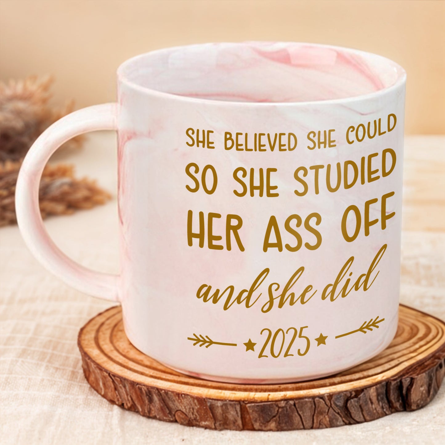 She Believed She Could and She Did Motivational Flowers Design - Personalized Custom Pink Marble Mug - GRAD004_PMAM